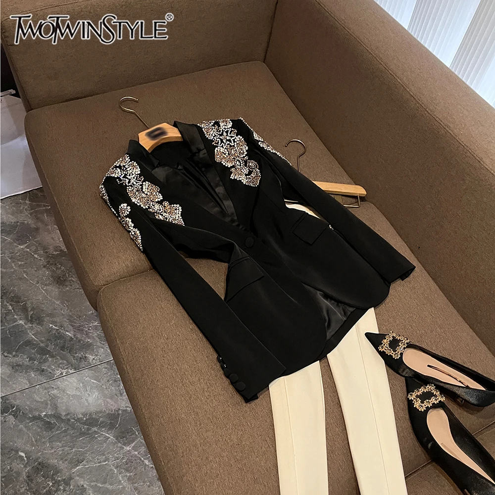 TWOTWINSTYLE Luxury Solid Slimming Jackets For Women Lapel Long Sleeve Spliced Diamonds Vintage Chic Jacket Female New KJA542509