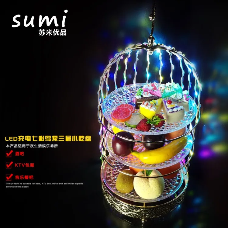 

Bar luminous bird cage fruit plate LED rechargeable plate rack 3 layers rack metal wrought iron luminous baske