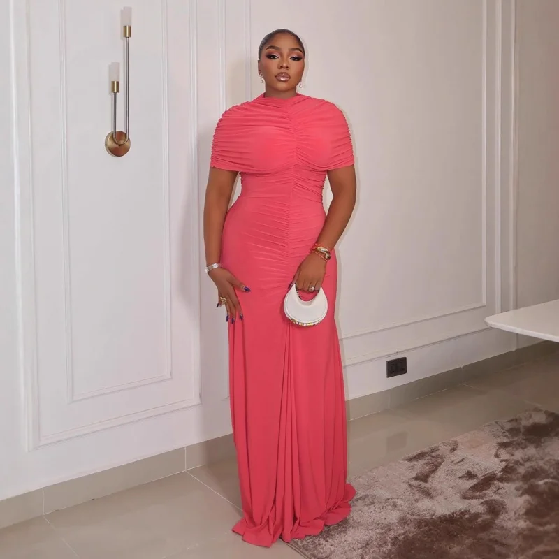 

2025 года новогоднее европейское и американское женское модное плиссированное однотонное платье с тонкой талией