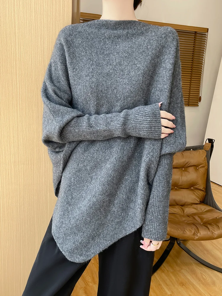 

Autumn Winter Women 100% Merino Wool Shawls Slash Collar Sweater Batwing Sleeve Grace Loose Triangle Wool Knit Pullover Shawl