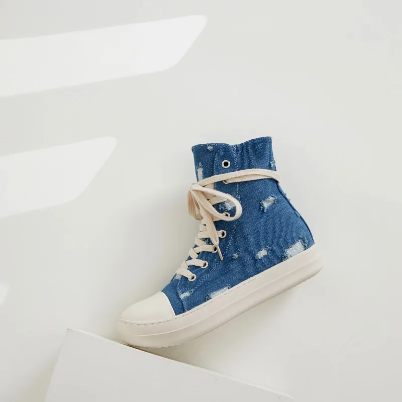 Thick Sole Canvas Shoes Women's Washed Denim Couple High Top Shoes Perforation Personalized Fashion Shoes Men's Sports sneaker