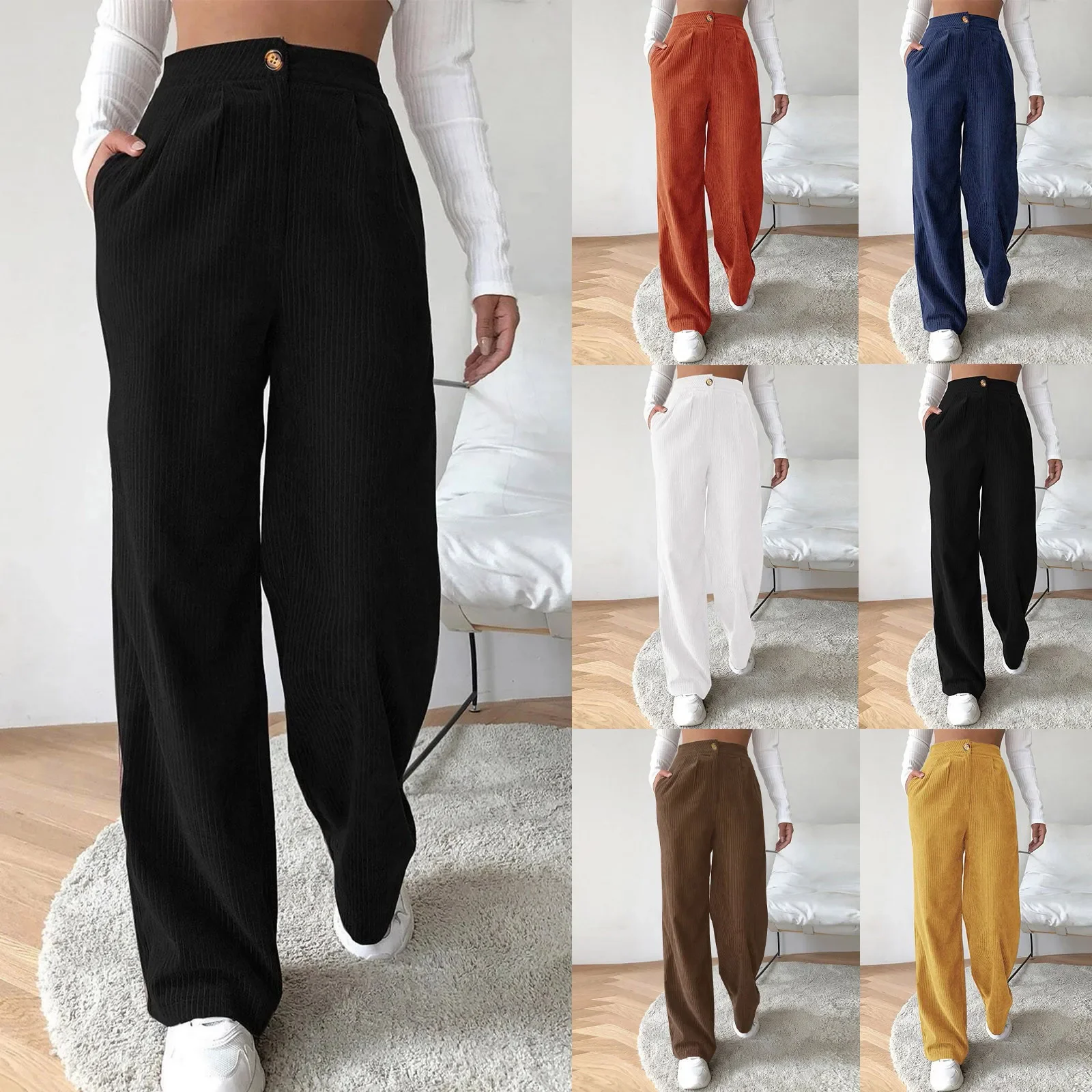 

High Waist Women Retro Corduroy Pants Fall Straight Causal Full Length Trousers Vintage Pockets All Match Pants New Pantalones