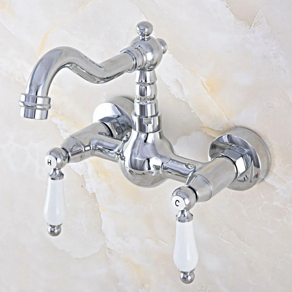 

Chrome Wall Mount Double Handle Bathroom Faucet Vanity Vessel Sinks Mixer Tap Cold And Hot Water Tap tnf562