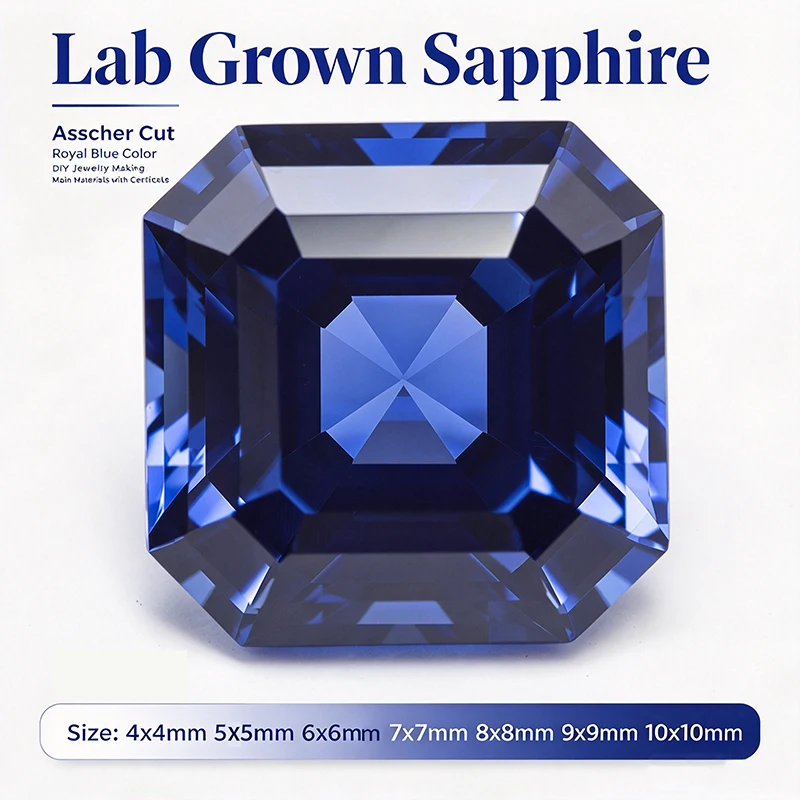 Lab Grown Sapphire Asscher Cut Royal Blue Color DIY Charms Jewelry Making Ring Necklace Earrings Main Materials with Certificate