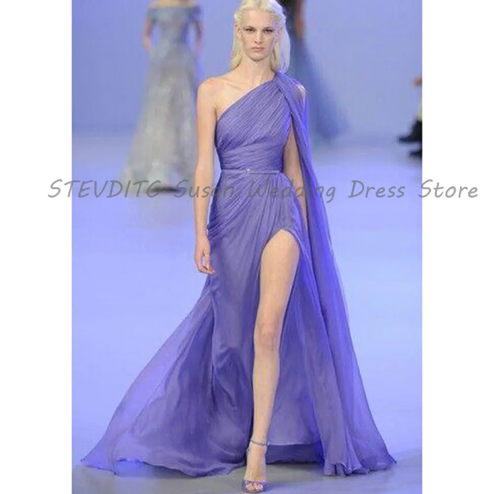 Purple Evening Dresses Women One Shoulder High Quality Vent Sleeveless Chapel Train Banquet Celebrity Prom Party Gowns Female