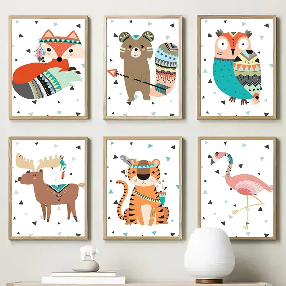 Fox Deer Owl Flamingo Bear Tiger Indian Animals Wall Art Minimalist Aesthetics Print Canvas Painting for Living Room Home Decor