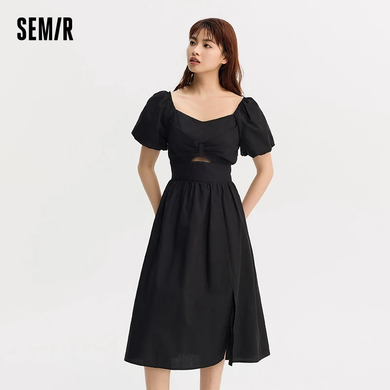 Semir Women Dress Solid Color Puff SleeveElegant And Slimming Sweet Summer French-Style Waist-Collecting Little Black Dresses