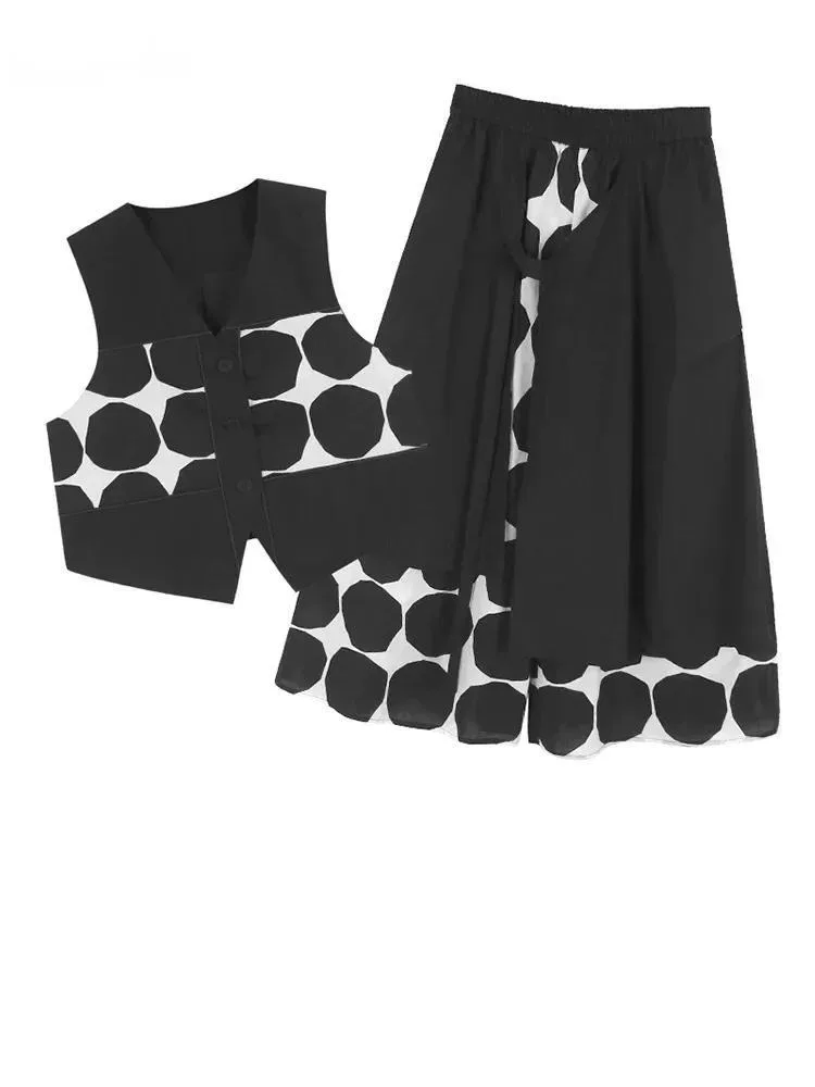 

Big Size Black Dot Vest Wide Leg Pants Two Piece Suit New V-Neck Sleeveless Women Fashion Tide Spring Autumn