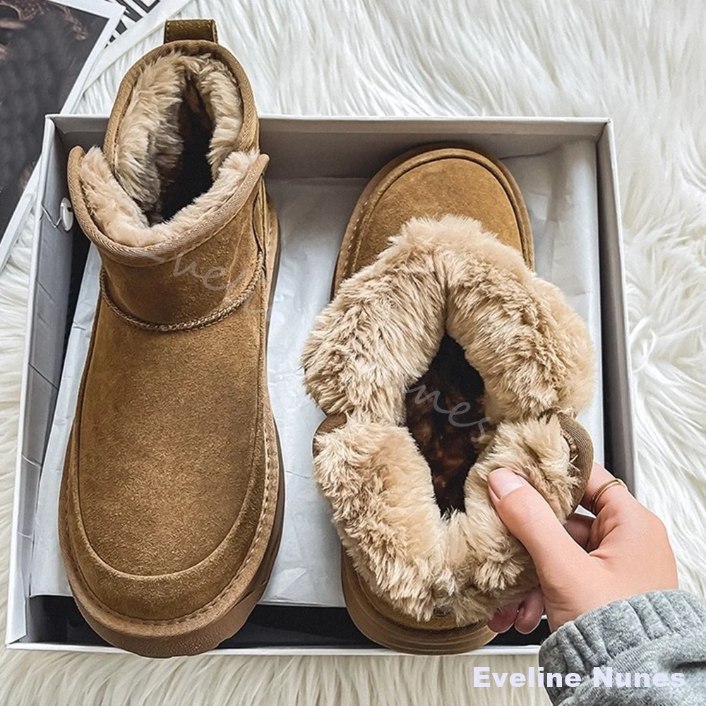 Classic Suede Snow Boots Men Round Toe Slip On Plush Faux Fur Lining Platform Boots Winter Warm Anti-slip Casual Ankle Boots