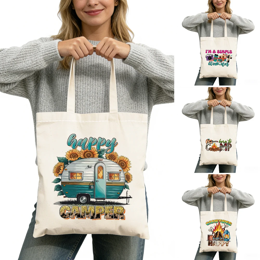 

Happy Camper Lady Shopping Tote Bag Large Capacity Born To Camp Women Daily Use Satchel Love Camping Girl Shopper Bags 40x45cm