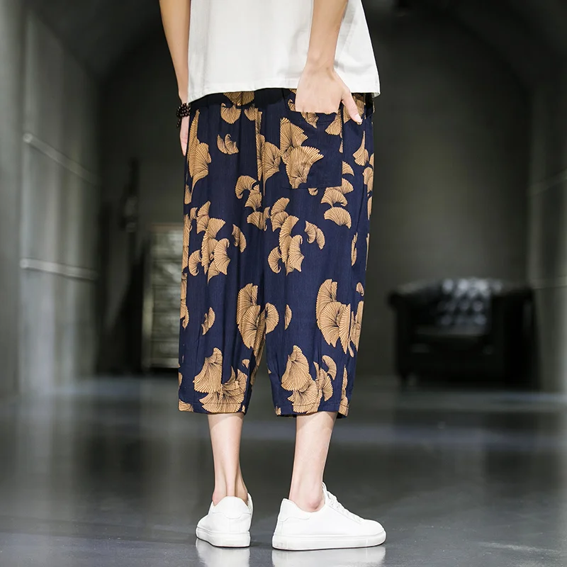 

Summer Chinese Style Ginkgo Biloba Print Casual Cropped Pants Loose Plus Size Thin Harem Pants Men Clothing Loose Baggy Pants