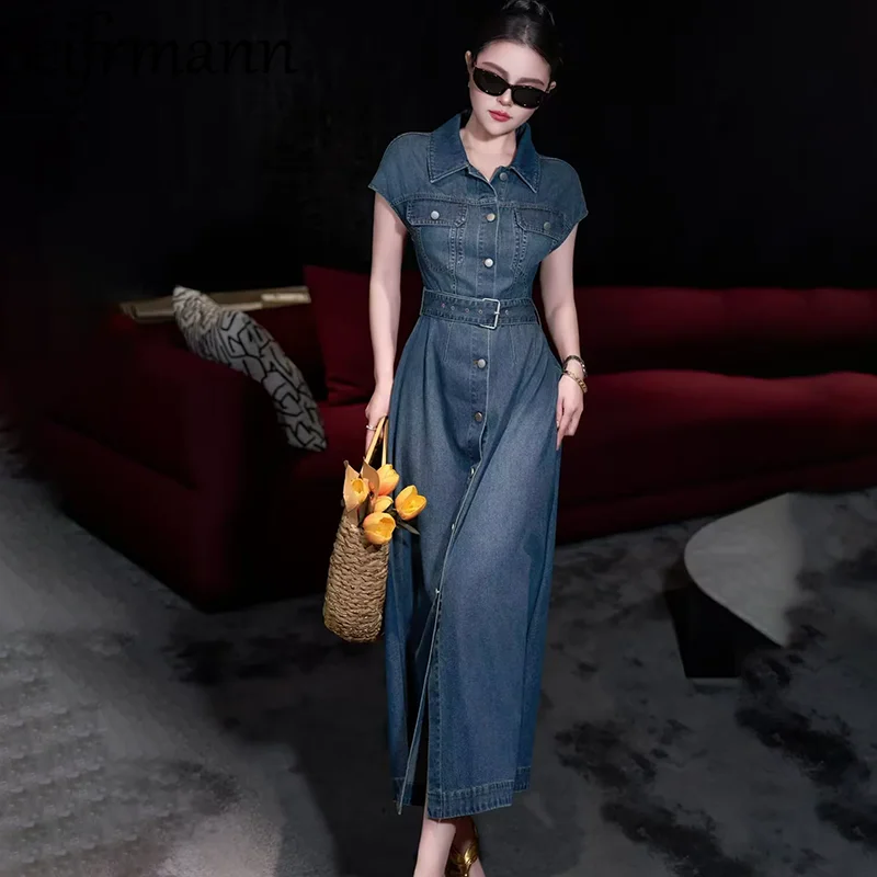 Seifrmann Gradient Casual Denim Dress Lapel Sleeveless Belt Waist Long Dress 2026 Summer Women's New Style