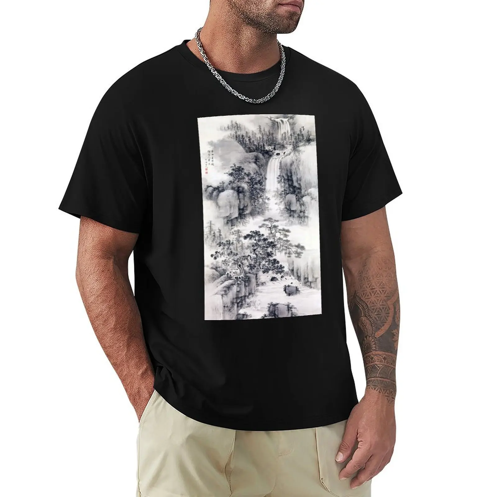 Landscape with Waterfall (Restored Japanese Artwork) T-Shirt t shirt man luxury T-Shirt
