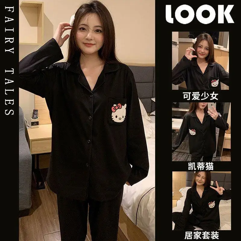 Miniso Cardigan Leisure Time Flip Collar Pajama Set Kawaii Hello Kitty Comic Spring and Autumn Student Go Out Leisure Wear New