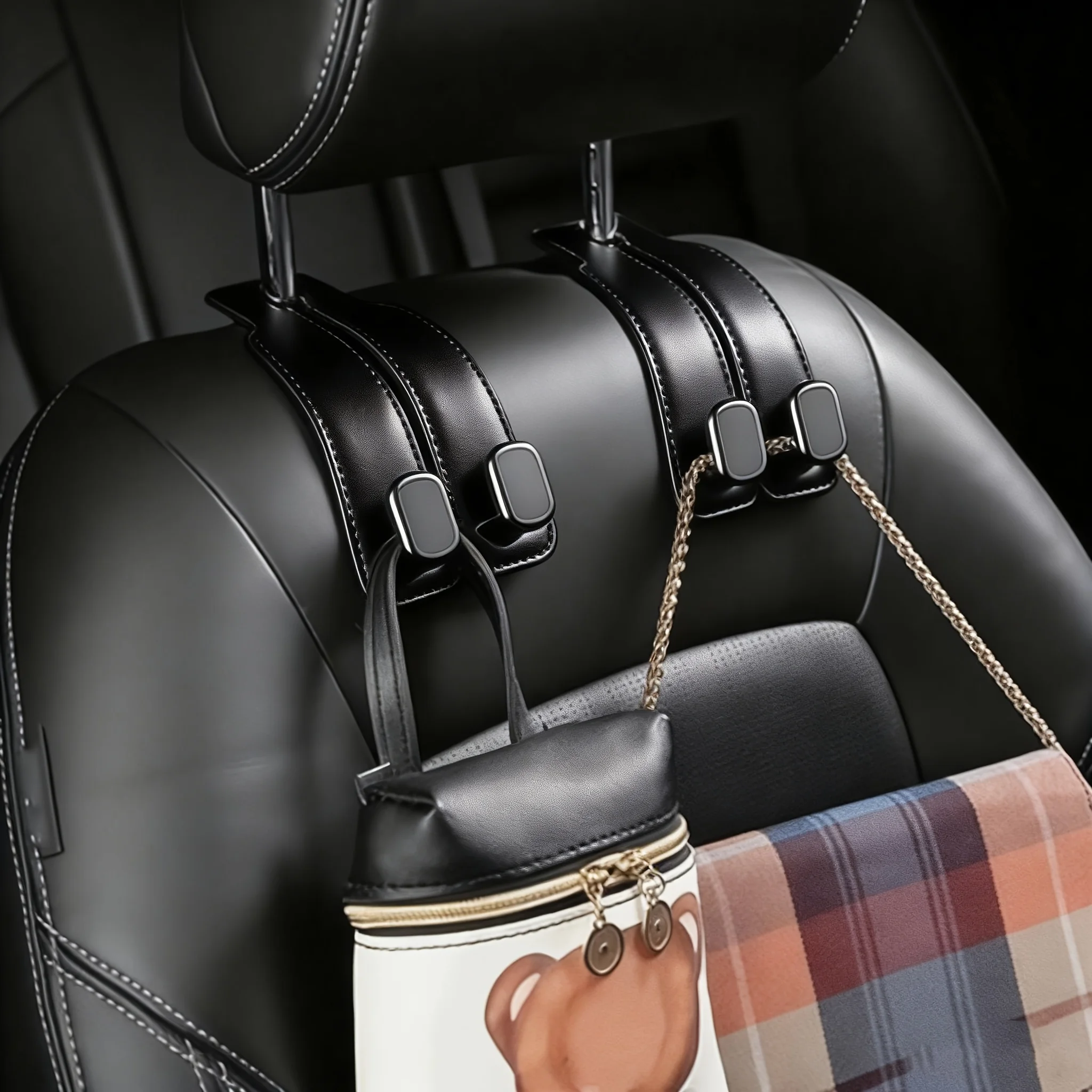 Autohaken, Hängeornament für den Innenraum, Versteckte Doppelhaken für die Rückenlehne, Haken zur Aufbewahrung von Taschen im hinteren Innenraum, Autoanhänger – Detail 2