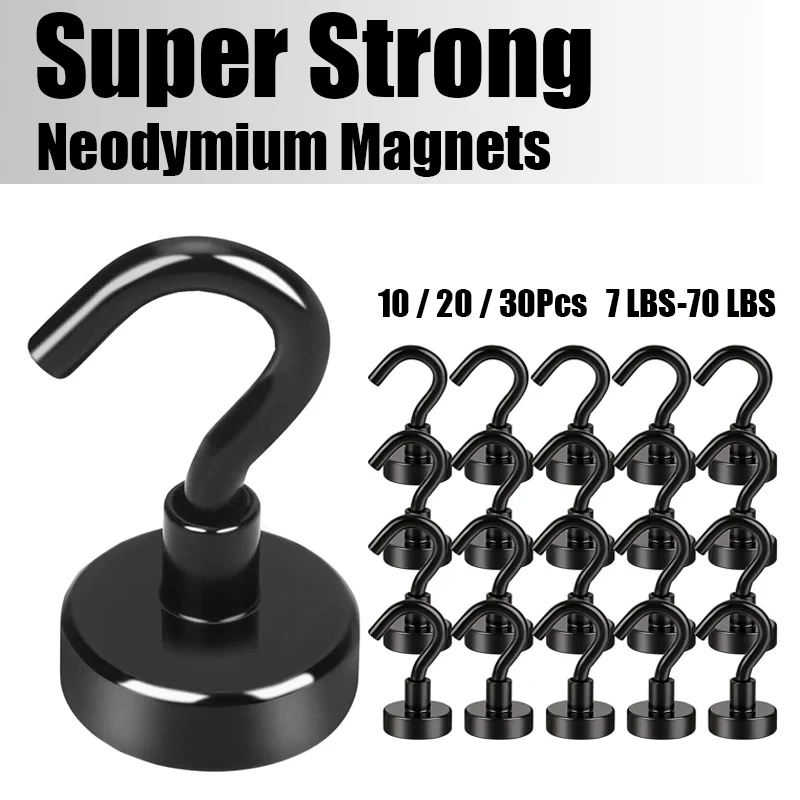 10/20/30Pcs Strong Magnetic Hook 70lbs Max Heavy Duty Magnet 3Coating Neodymium Hooks for Kitchen Garage Grill Cup Key Hanger