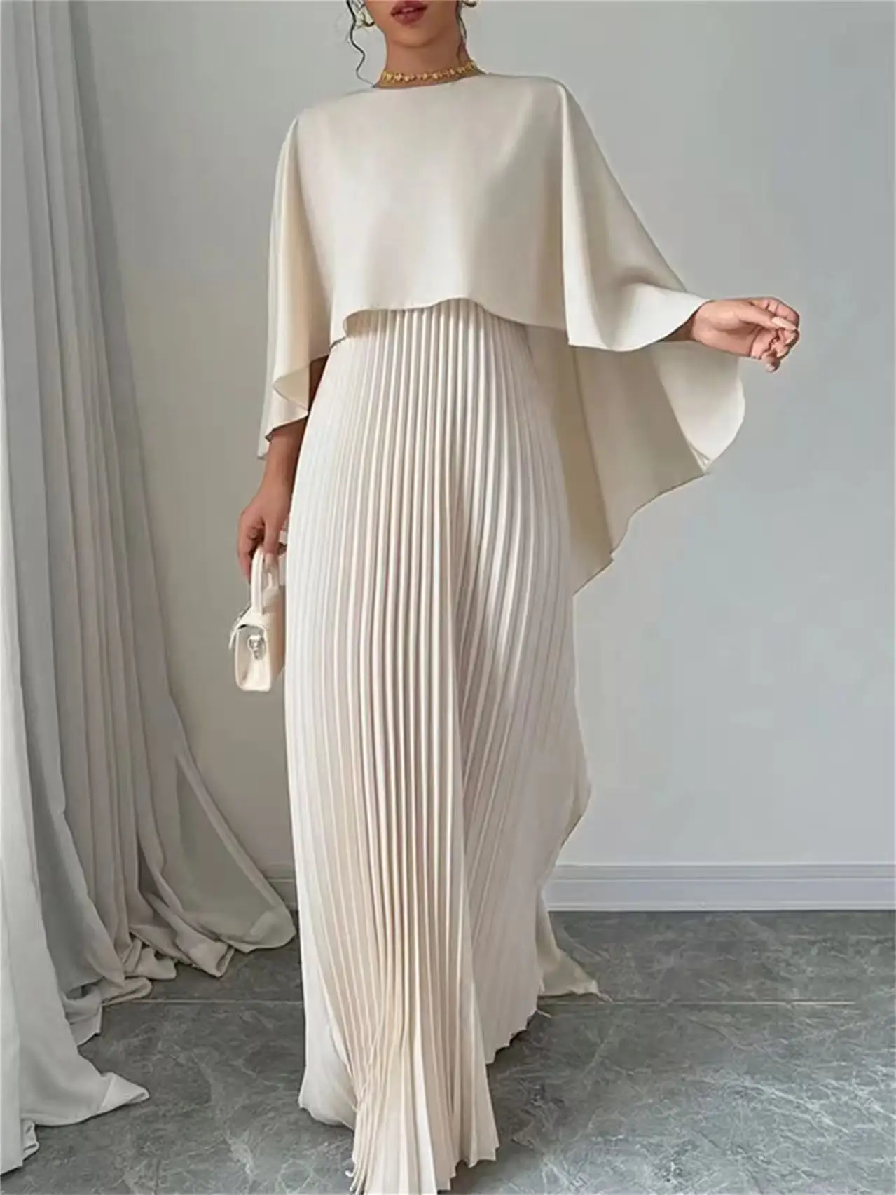 Miyake Shawl Design Evening Dress Loose Women's Fashion Bat Sleeve Loose Meat Cover Fake Two-piece Dresses 2025 New