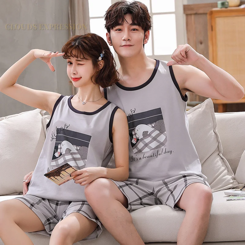 Summer New 100% Cotton Cartoon Print Couple Pajama Set Pyjamas Kawaii Sleep Lounge Sleeveless Sleepwear Suits Pajamas for Lovers