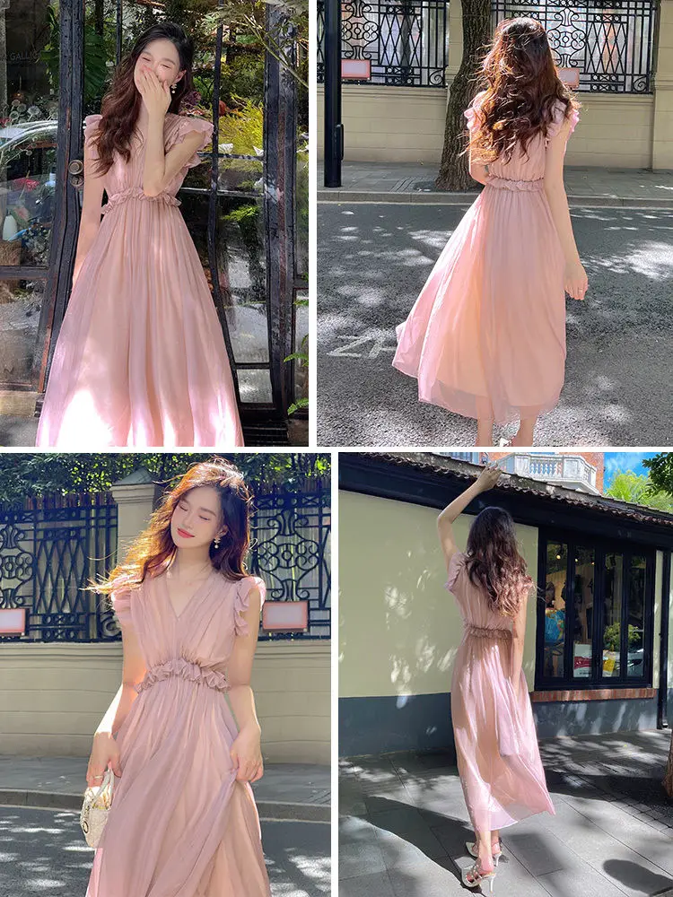 

Korea Gentle Elegant Pink Princess Dress French Style V-neck Flying Sleeves High Waist Slim Fit A-line Casual Dress Women Summer