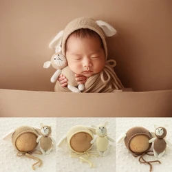 Knitted Baby Hat Bear Toys Newborn Photography Props Sheep Ears Hat Handmade Knit Cartoon Doll 0-1 Months Baby Photo Accessories