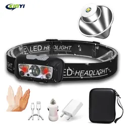 Body Motion Sensor  Mini LED Headlamp With USB Rechargeable Headlight white+red Mode Camping Flashlight Head Light  Lamp