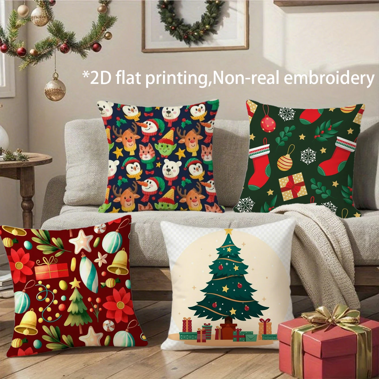 Christmas Festive Throw Pillow Covers Pattern Cushion Cover Suitable for Sofa Bedroom Car Pillow Cover