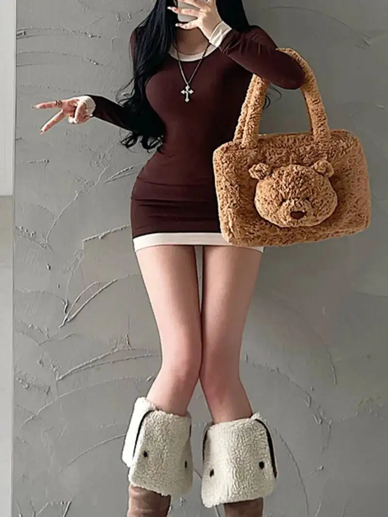 الرغبة النقية مثير ضيق نحيل الجولة الرقبة قاعدة فستان بكم طويل فستان قصير قصير أنيق الخريف موضة الكورية النساء بلايز 4J8Q