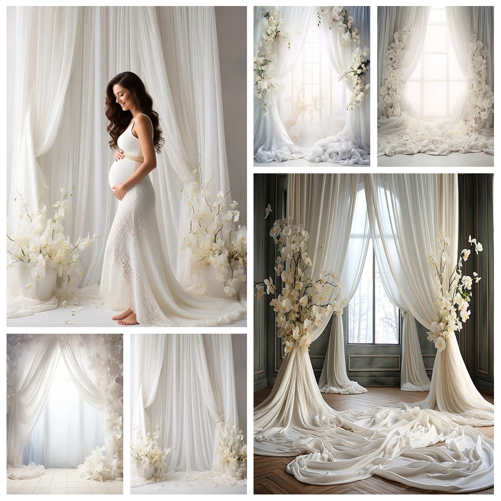 

White Curtain Window Floral Photography Background Adult Birthday Wedding Maternity Portrait Decor Backdrop Photo Studio Props