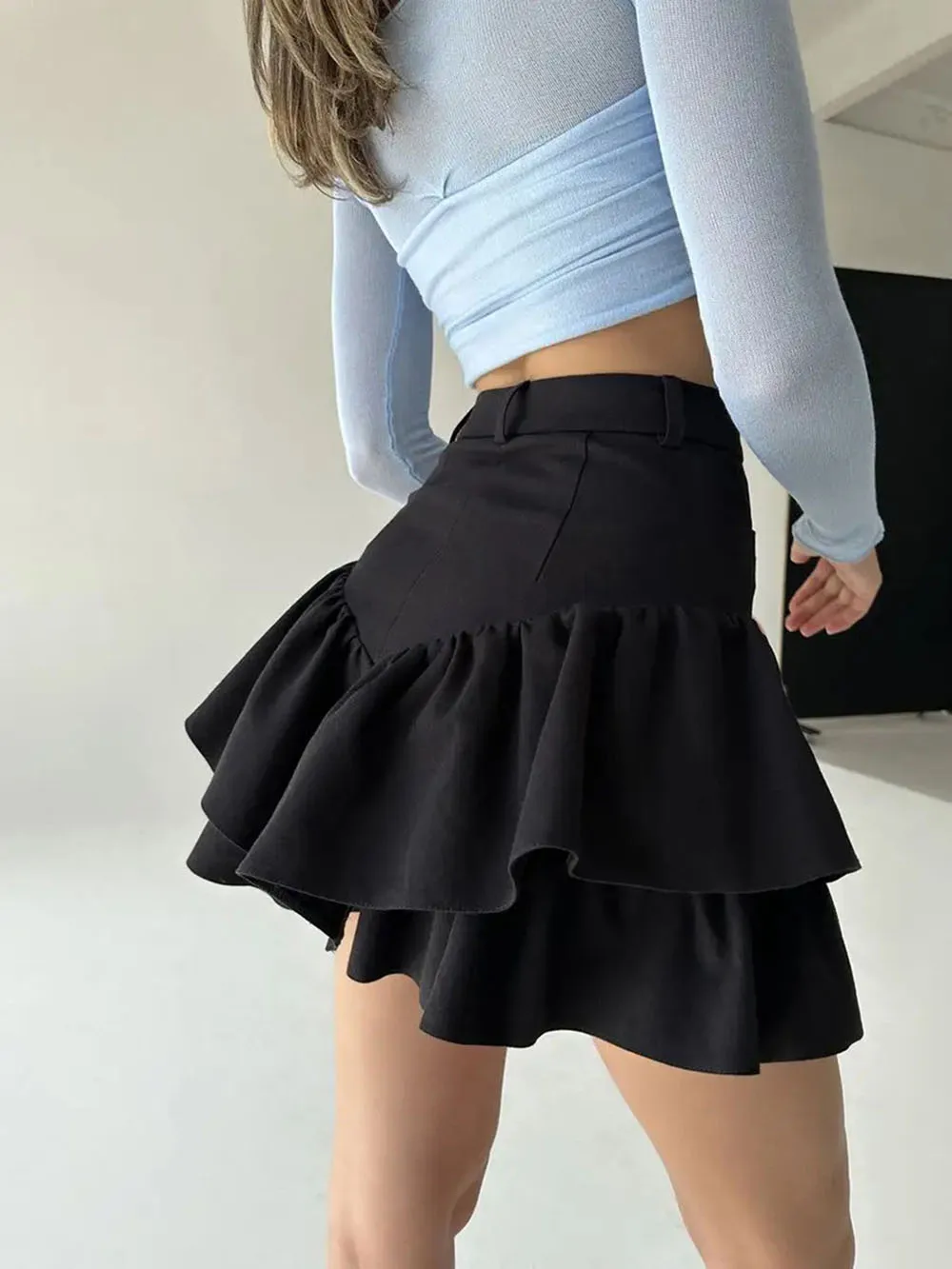 Black Cotton Linen Fabric Skirt Women's Summer High-Waist Slim Mini Tiered Cake Skirt Fashion Spicy Girl's Pleated Ruffles Hem