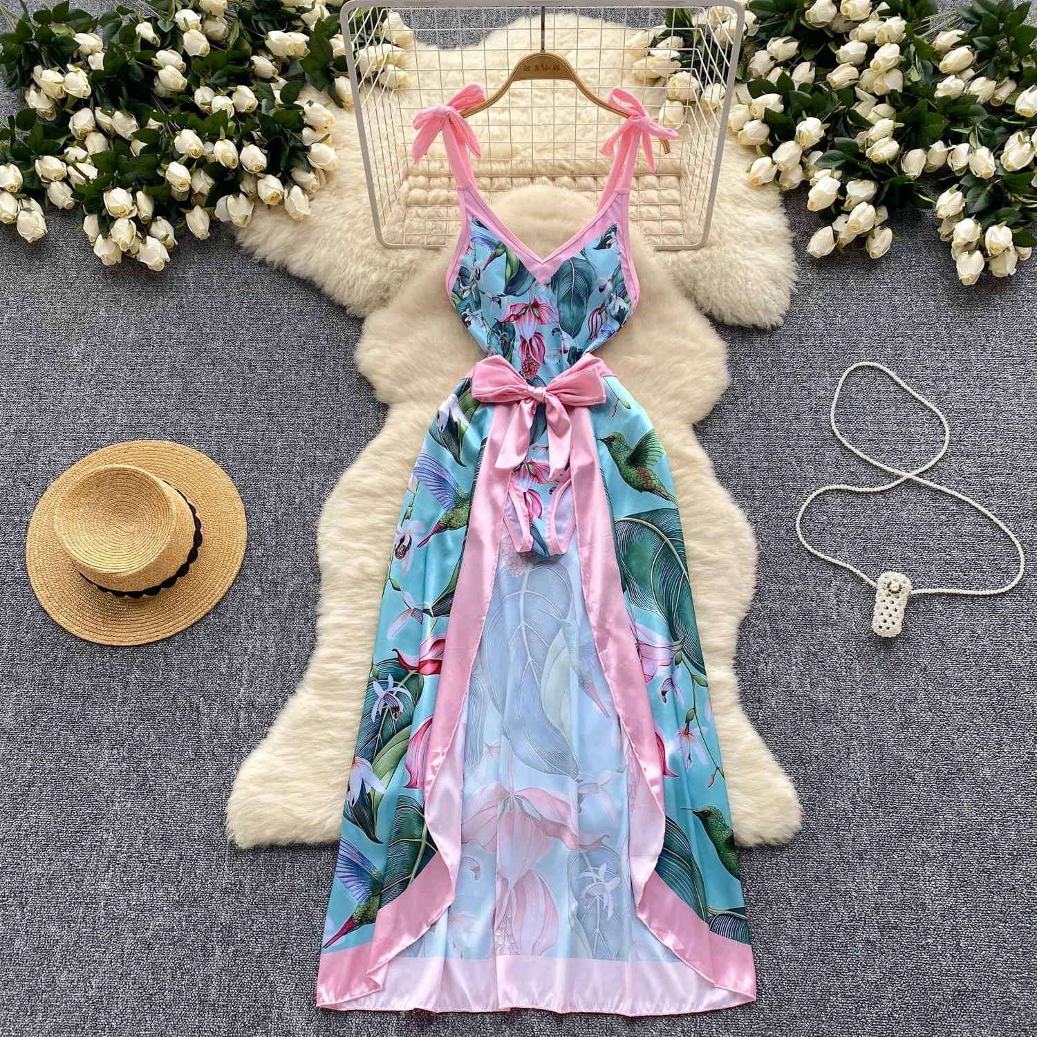 Summer Beach Holiday Sets For Women 2 Pieces Printed Sexy Camisole Jumpsuit And Strap Skirt Two Piece Swimwear