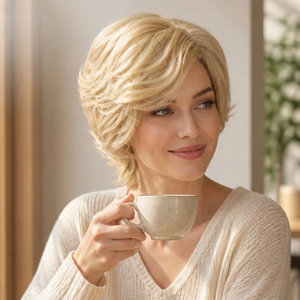 Natural Synthetic Mixed Gold Wigs For Women Short Curly Wig Heat Resistant Hair For Daily Use Festival Party ﻿