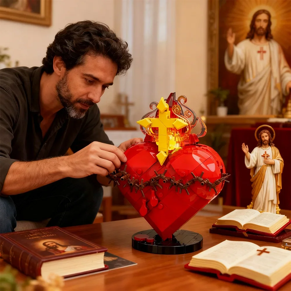 

245PCS Sacred Heart of Jesus Building Block Set Flaming Heart Cross with Light Kid STEM Toy Adult Christmas Gift