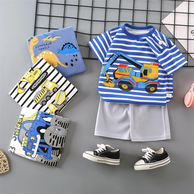 Cotton Stripe Short Sleeve T-Shirt+Shorts 2-Piece Set Summer Baby Boys Cartoon Car Pajama Casual Tracksuit Clothes Suit 0-6 Year