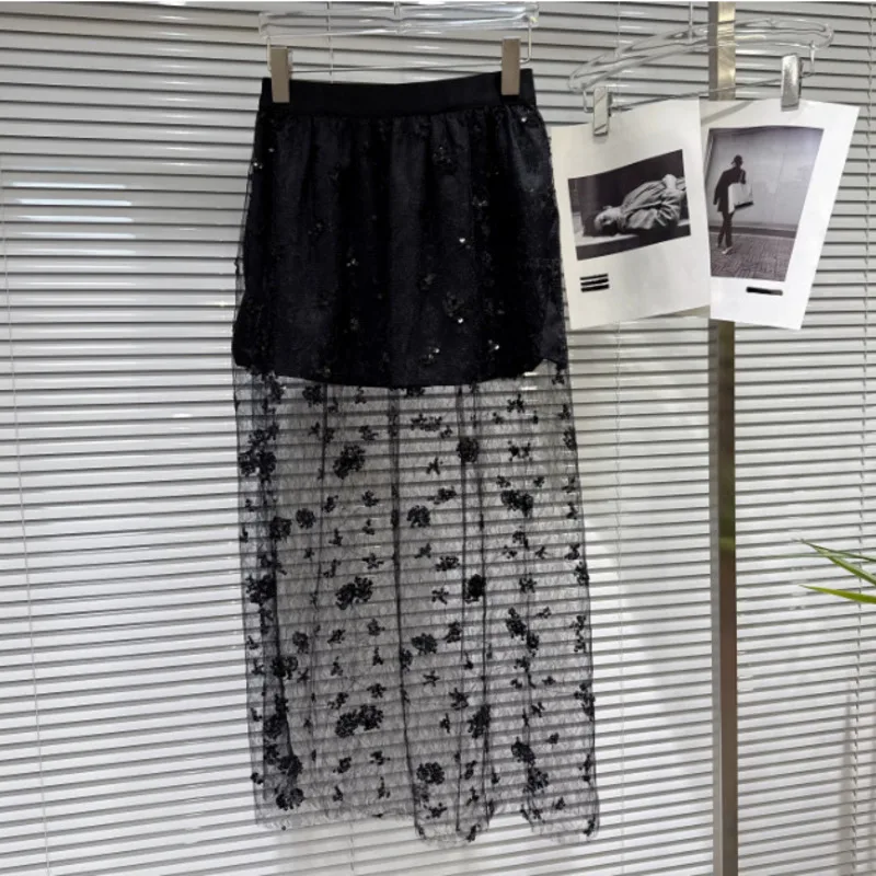 ANJY Summer New Women's Dark Style Elegant Fashion Sequins Mesh Patchwork Design High Street Stylish Straight Long Skirts A23943