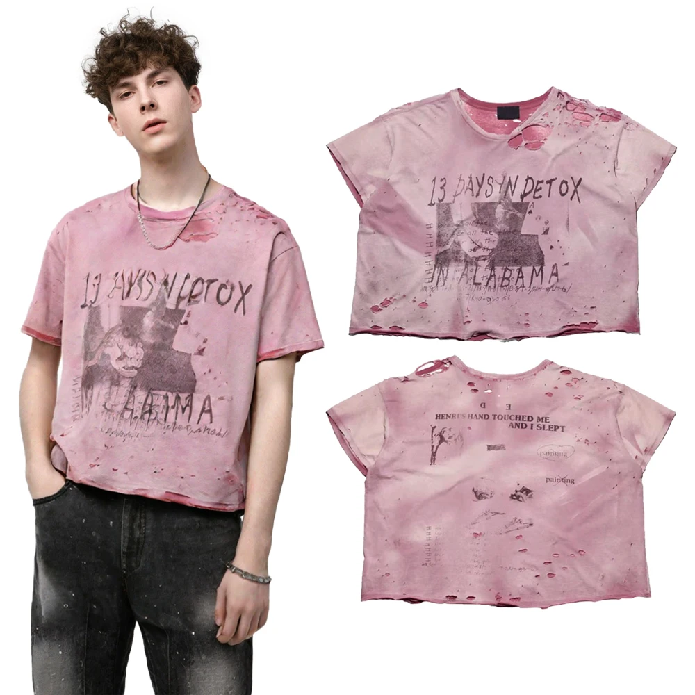 Streetwear Y2k Subculture Graphic T Shirts Hip Hop Street Style Cotton Distressed Pink Vintage Clothing Casual Short Sleeve Tees