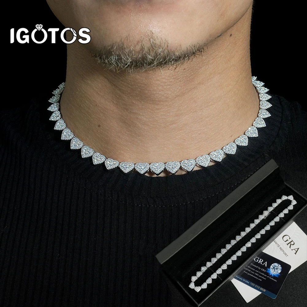 

IGOTOS 8 мм сердце муассанит теннисное ожерелье браслеты для женщин и мужчин стерлингового серебра 925 пробы хип-хоп полная бриллиантовая цепочка на шею ювелирные изделия