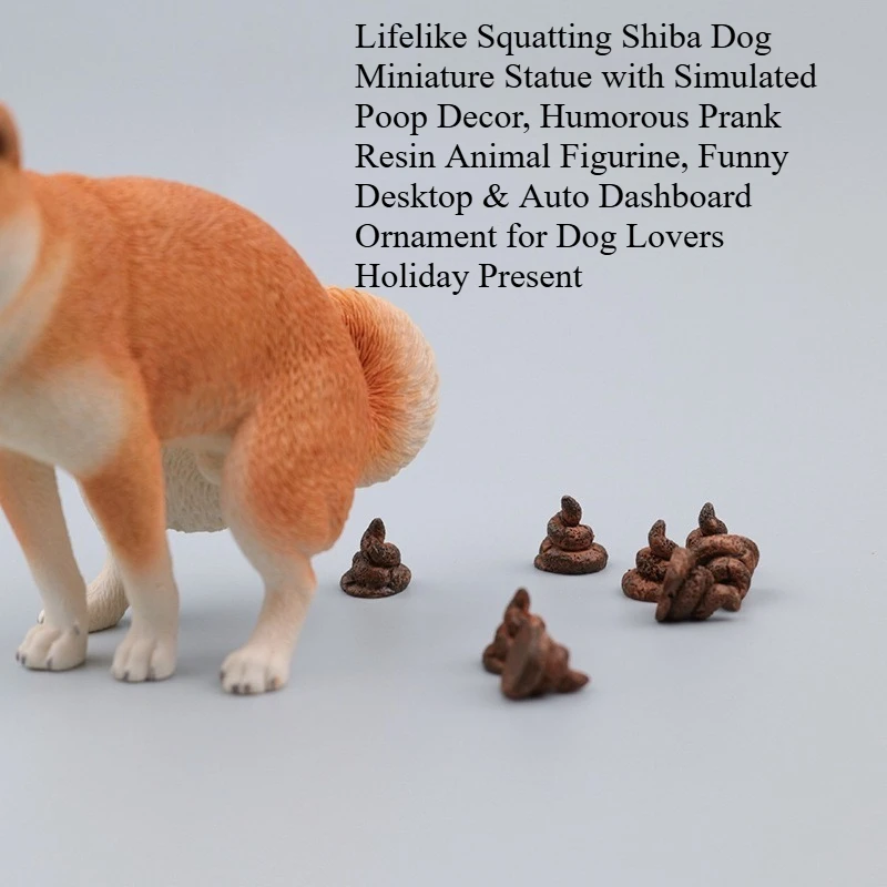 Funny Pooping Shiba Inu Resin Figurine with Mini Poo Ornaments, Realistic Cute Japanese Akita Dog Statue, Novelty Prank Decorative Mini Figure Gift for Car Desk Home Ornament