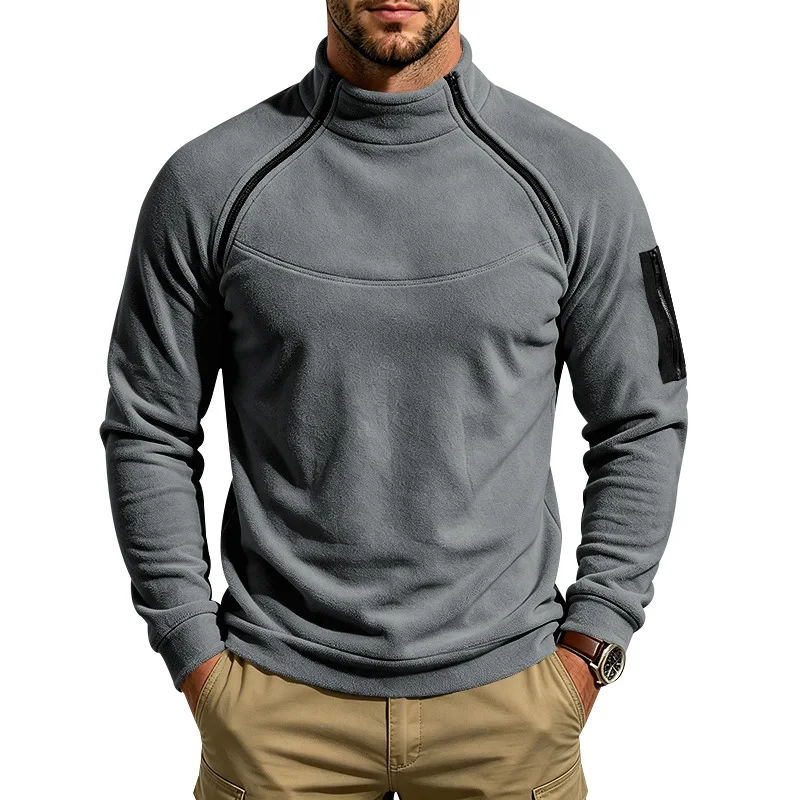 Men's Autumn Winter Heavy‑Duty Fleece Sweatshirt, Stand Collar Dual‑Zipper Loose Warm Outdoor Hiking Casual Jacket