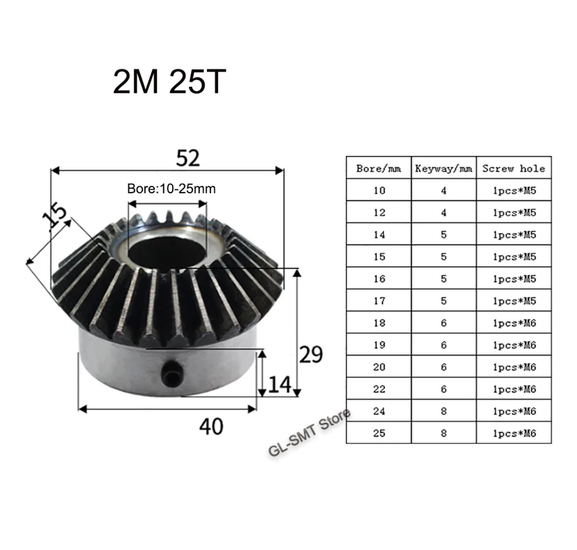 1Pcs 2 Module 25 Tooth Bevel Gear With Keyway 1:1 90 Degrees 45# Steel Mechanical Power Transmission Gear