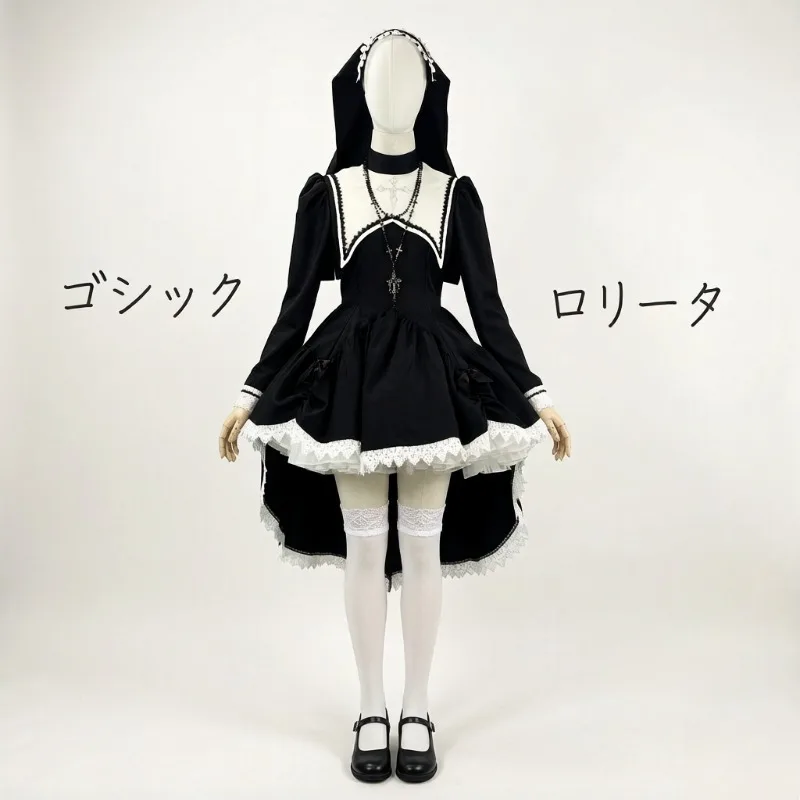 

Women Black Embroidered Cross Gothic Lolita Nun Dress Luxury Sweet Cool Anime Cosplay Fancy Outfit Halloween Party Uniform