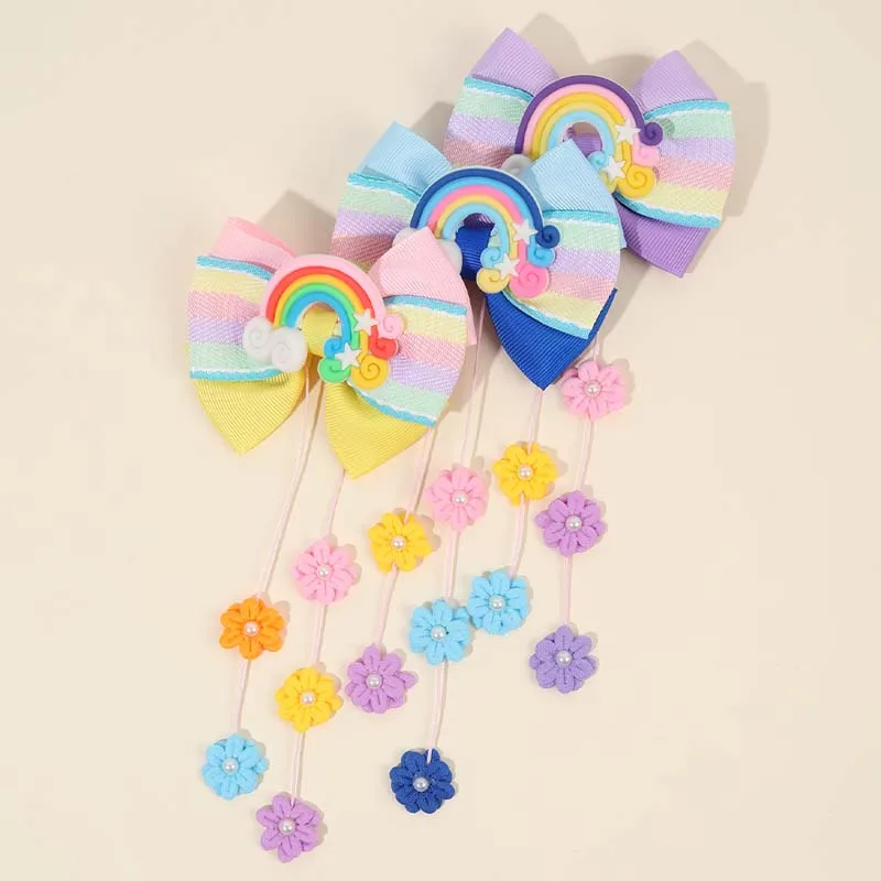 ncmama New Rainbow Hair Bow Clip with Flower Tassel Baby Flower Pearl Bow Hairpin Kids Headwear Girls Hair Accessories Barrettes