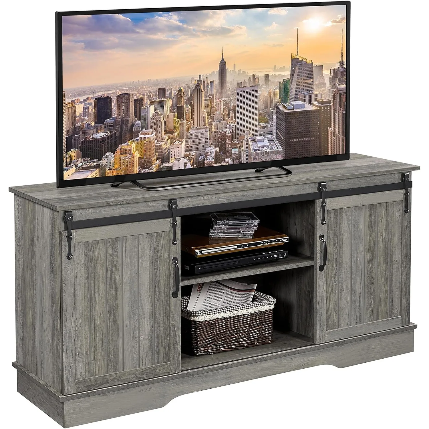 Farmhouse TV Stand for 65'' TV, Tall Entertainment Center with Storage, Gray TV Console with Sliding Barn Door and Shelves