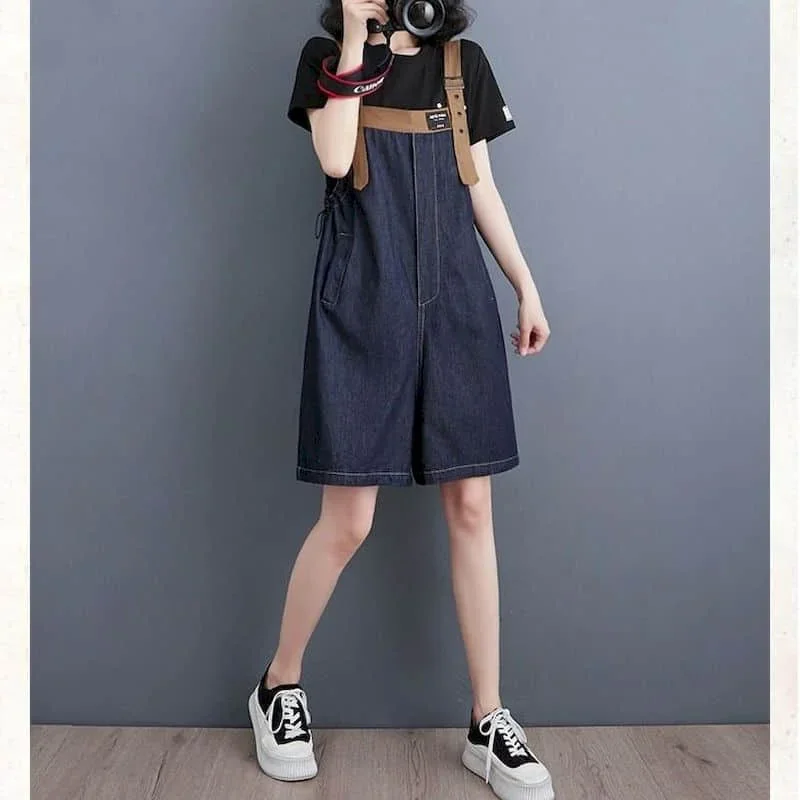Kombinezony dżinsowe Vintage z wysokim stanem, luźne spodenki z szerokimi nogawkami koreański styl Romper Casual body stroje jednoczęściowe odzież damska