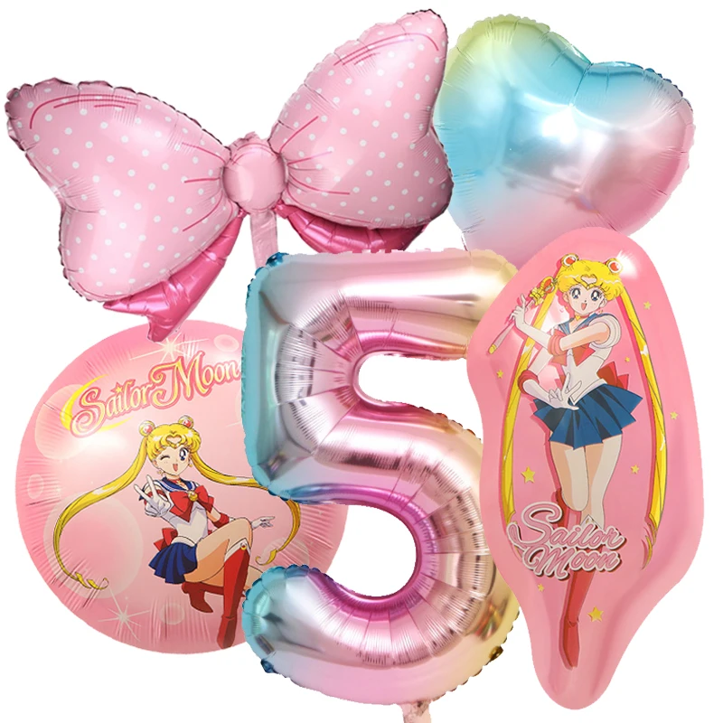 Sailor Moon 5-teiliges Ballon-Set mit Zahlen 1-9 für Jungen und Mädchen, Anime-Cartoon, modische Dekoration, Ballon für Kinder, niedliche Geburtstagsballons