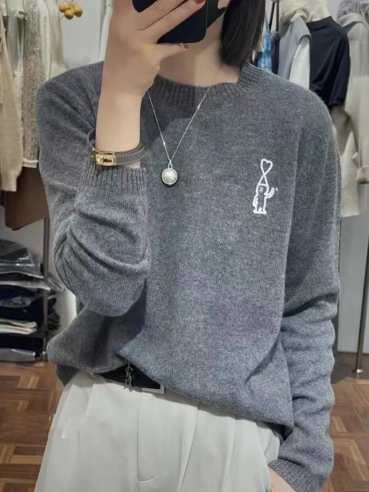 100% Merino Wool Women's Round Neck Pullover Embroidered Casual Fashion Spring Autumn Cashmere Knitted Sweater