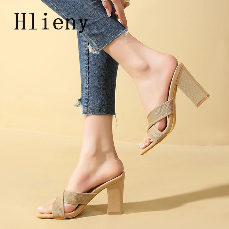 

Hlieny 2026 Новые летние женские шлепанцы с квадратным носком на толстом высоком каблуке, сексуальные туфли для банкетов и вечеринок, модные сандалии