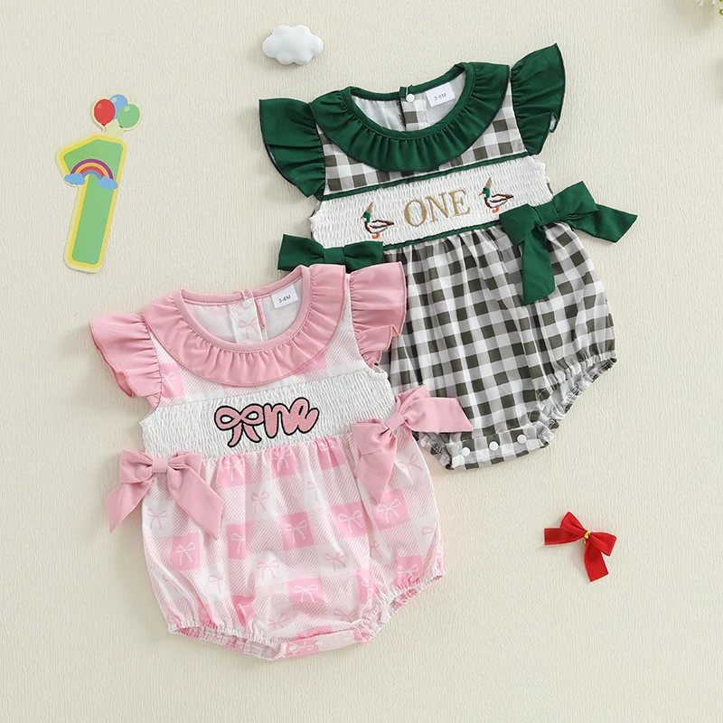 

0-18M Newborn Baby Girls Rompers Birthday Clothes Letter Duck Embroidery Plaid Patchwork Fly Sleeve Summer Infant Bodysuits