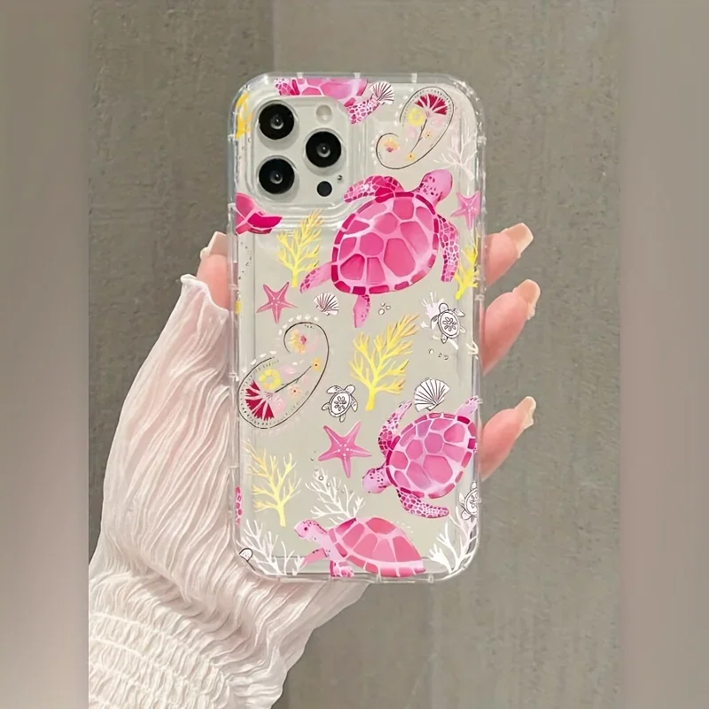 Seabed Pink Turtle Anti-Fall Soft Phone Case for Iphone 16 15 14 13 12 11 Pro Max 7 8 Plus Clear Soft Cover