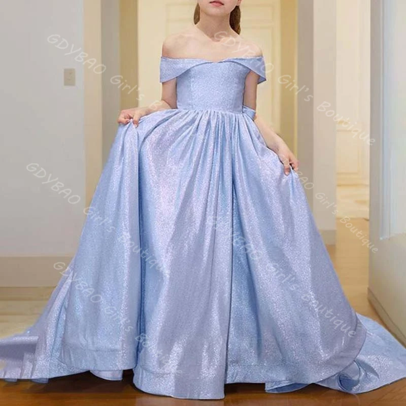 

Blue Flower Girl Dresses for Wedding 2-14 Kids Ball Gown Off-the-Shoulder Court Train Princess Birthday Dress With Bow Custom