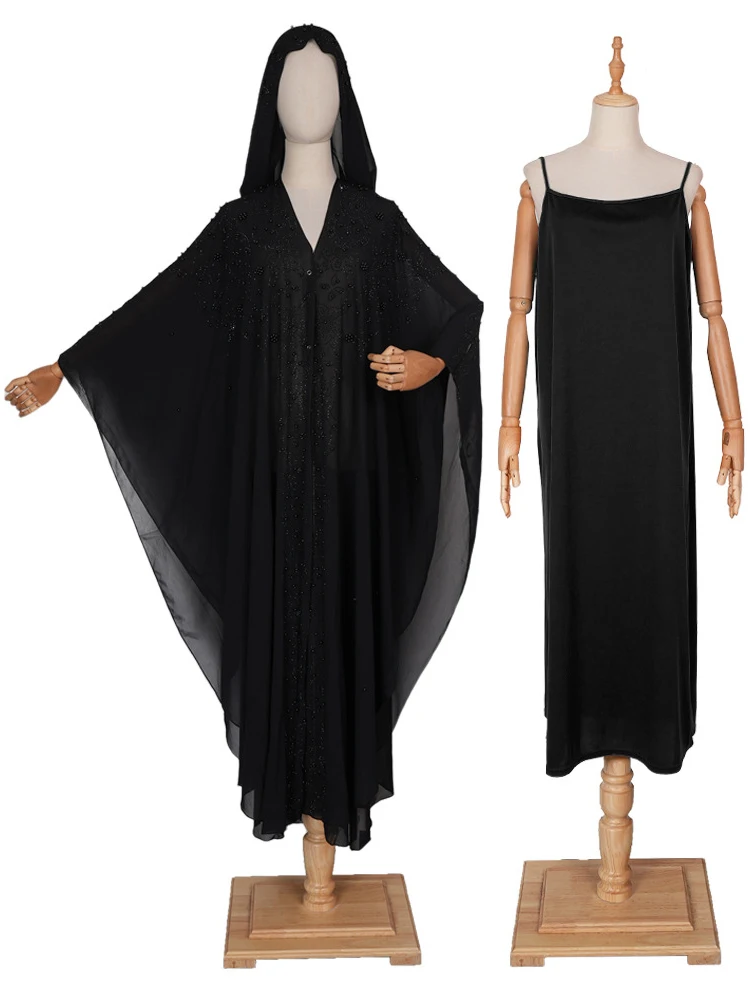 Abaya Femme Musulman Dubai Turkey Black Kaftan Long Sleeve Chiffon Hooded Dresses Wedding Party Prom Evening Gown Islamic Sets